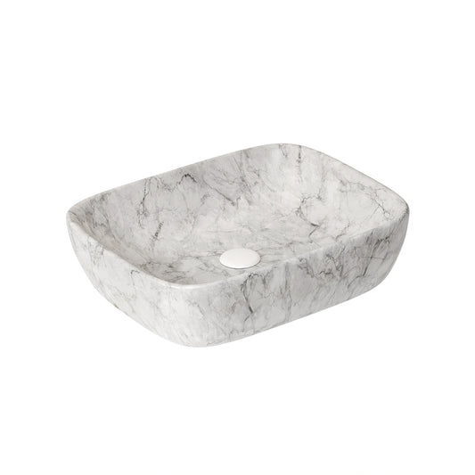 Lucvara 19-Inch Ceramic Bathroom Sink – White Marble Style Countertop Vessel Basin, No Cabinet
