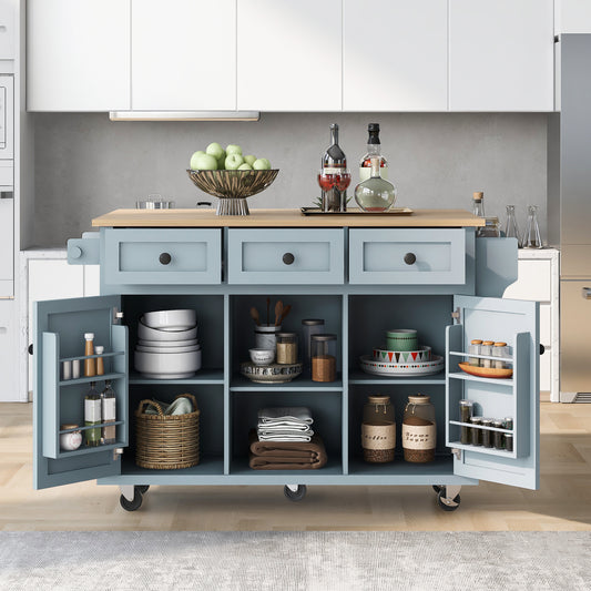 Lucvara Kitchen Cart with Rubberwood Drop-Leaf Countertop – Rolling Kitchen Island with 5 Wheels, Storage Cabinet, 3 Drawers, and Internal Door Racks, Grey Blue