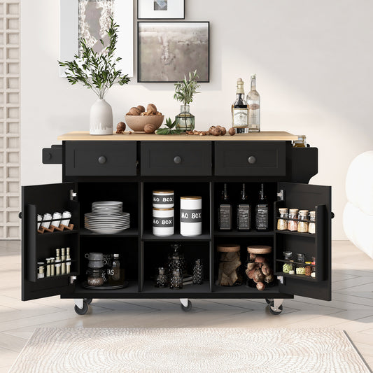 Lucvara Kitchen Cart with Rubberwood Drop-Leaf Countertop, 5-Wheel Mobile Kitchen Island with Storage Cabinet, 3 Drawers, and Internal Racks – Black
