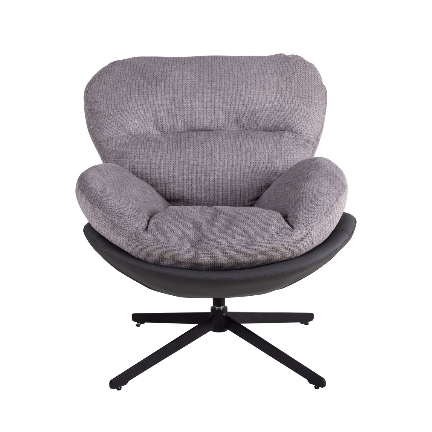 Lucvara 360° Swivel Office Chair – Modern Gray Chenille Upholstered Accent Chair with Faux Leather & Black Metal Base, Armless No-Wheel Chair for Small Spaces, Living Room, Bedroom, Reading Corner, or Office