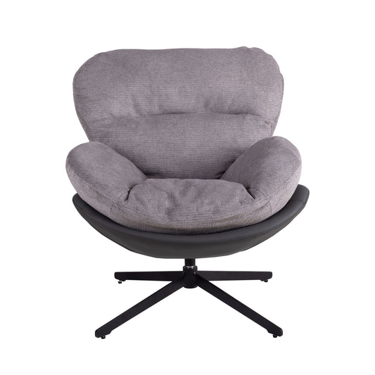 Lucvara 360° Swivel Office Chair – Modern Gray Chenille Upholstered Accent Chair with Faux Leather & Black Metal Base, Armless No-Wheel Chair for Small Spaces, Living Room, Bedroom, Reading Corner, or Office