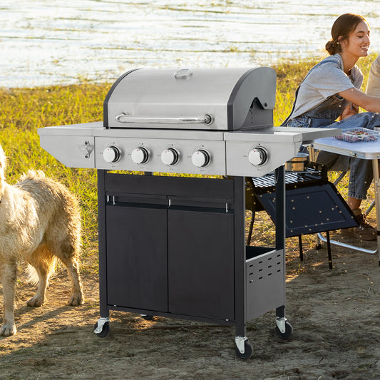 Lucvara Propane Gas Grill – 4 Burners + Side Burner, 46,500 BTU Stainless Steel Outdoor BBQ Grill for Patio/Garden, Black & Silver