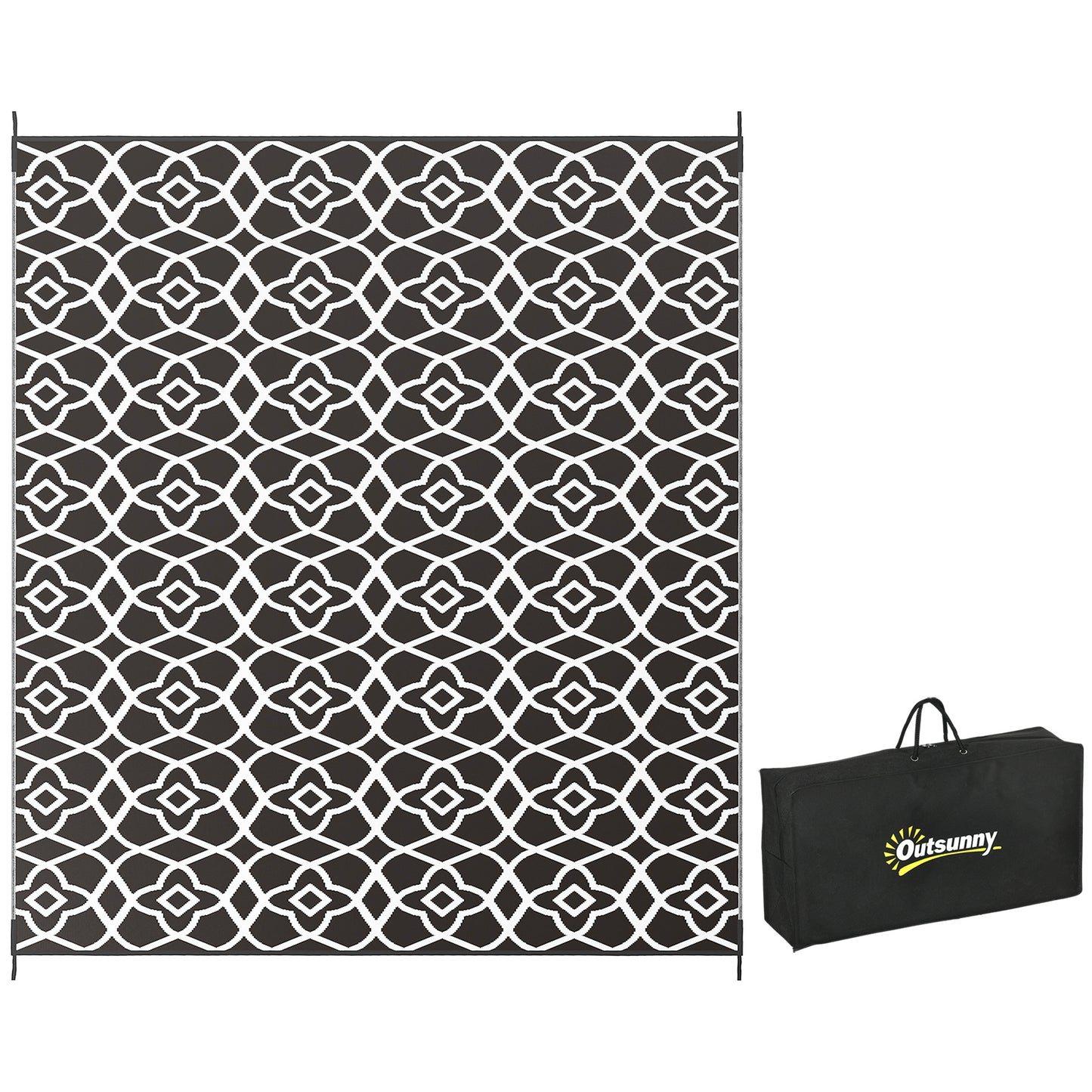 Lucvara Reversible Outdoor Rug, 8x10 FT Waterproof Plastic Straw Floor Mat with Carry Bag, Portable RV Camping Carpet, Large Patio, Deck, Picnic & Beach Mat, Black & White Clover