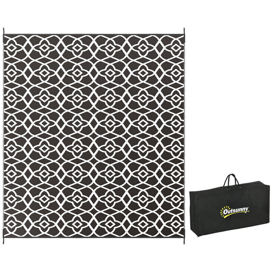Lucvara Reversible Outdoor Rug, 8x10 FT Waterproof Plastic Straw Floor Mat with Carry Bag, Portable RV Camping Carpet, Large Patio, Deck, Picnic & Beach Mat, Black & White Clover