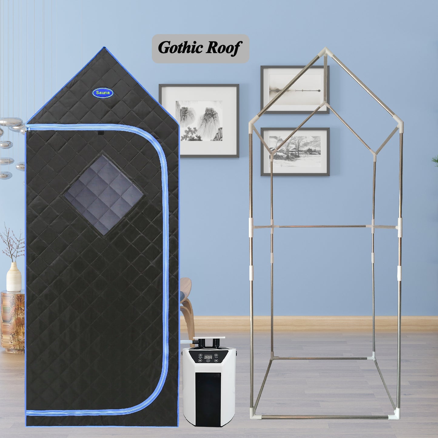 Lucvara Portable Full-Size Gothic Roof Steam Sauna Tent – Spa, Detox, Therapy, Home Relaxation with Stainless Steel Pipe Connector, Easy Install, FCC Certified, Black