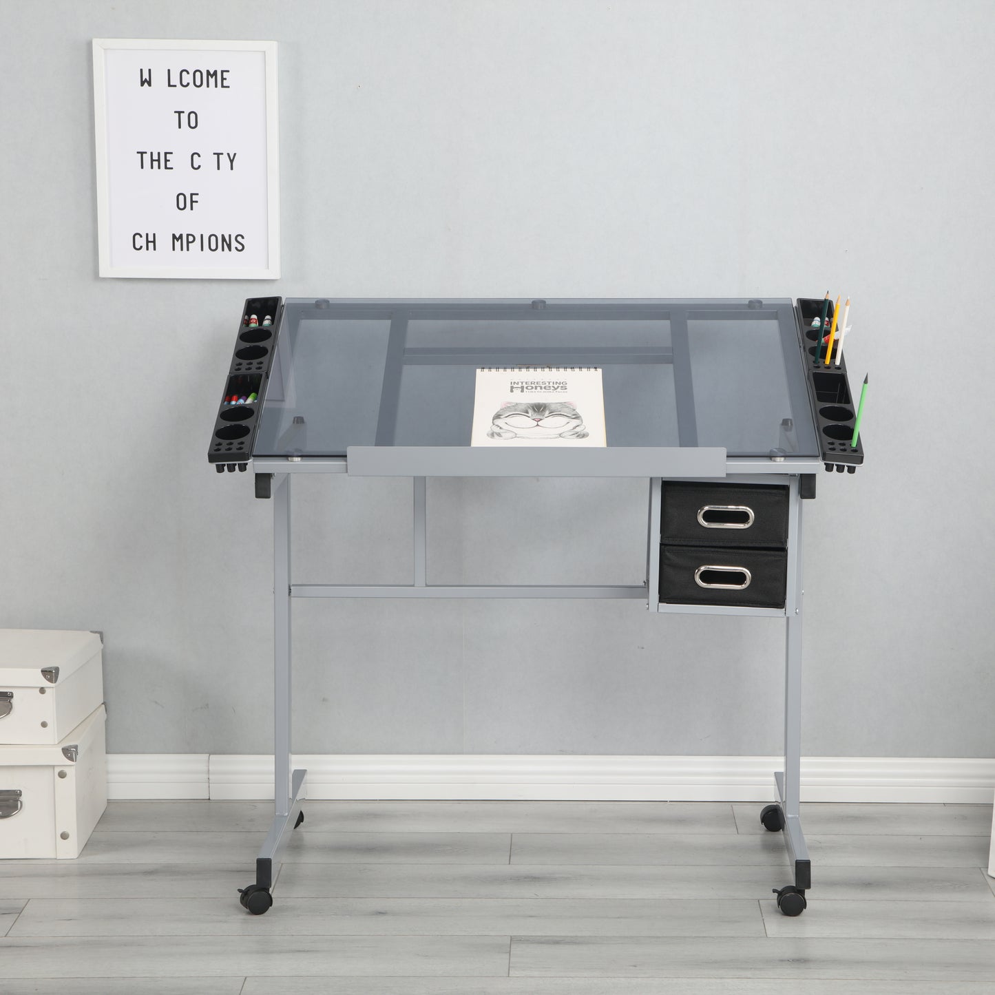 Lucvara Adjustable Art & Craft Drawing Desk with 2 Non-Woven Fabric Slide Drawers and 4 Wheels, Mobile Drafting Table