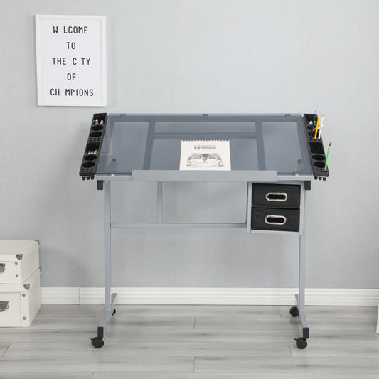 Lucvara Adjustable Art & Craft Drawing Desk with 2 Non-Woven Fabric Slide Drawers and 4 Wheels, Mobile Drafting Table