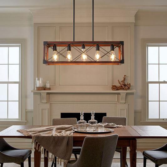 Lucvara 32" Red Wood Industrial Farmhouse 5-Light Rectangle Pendant Chandelier, Dining Room, Kitchen Island, or Cafe Lighting, Bulbs Not Included