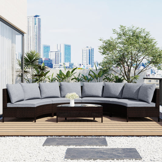 Lucvara 5-Piece All-Weather Brown PE Rattan Wicker Patio Sectional Sofa Set, Half-Moon Outdoor Furniture Set with Tempered Glass Table & Gray Cushions