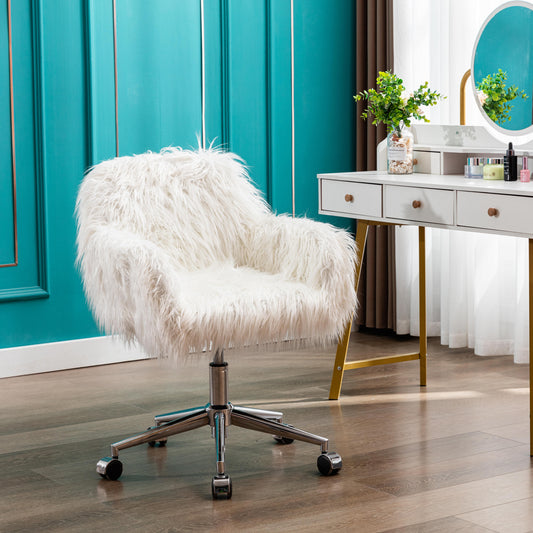 Lucvara Modern Faux Fur Home Office Chair, Fluffy Vanity Chair , Makeup Desk Chair with Soft Upholstery