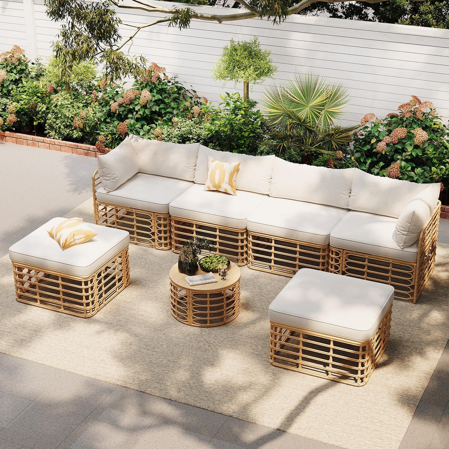 Lucvara 7-Piece Rattan Patio Furniture – Outdoor All-Weather Sectional Sofa Set with Thick Cushions & Pillows, Beige