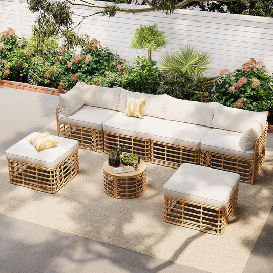Lucvara 7-Piece Rattan Patio Furniture – Outdoor All-Weather Sectional Sofa Set with Thick Cushions & Pillows, Beige
