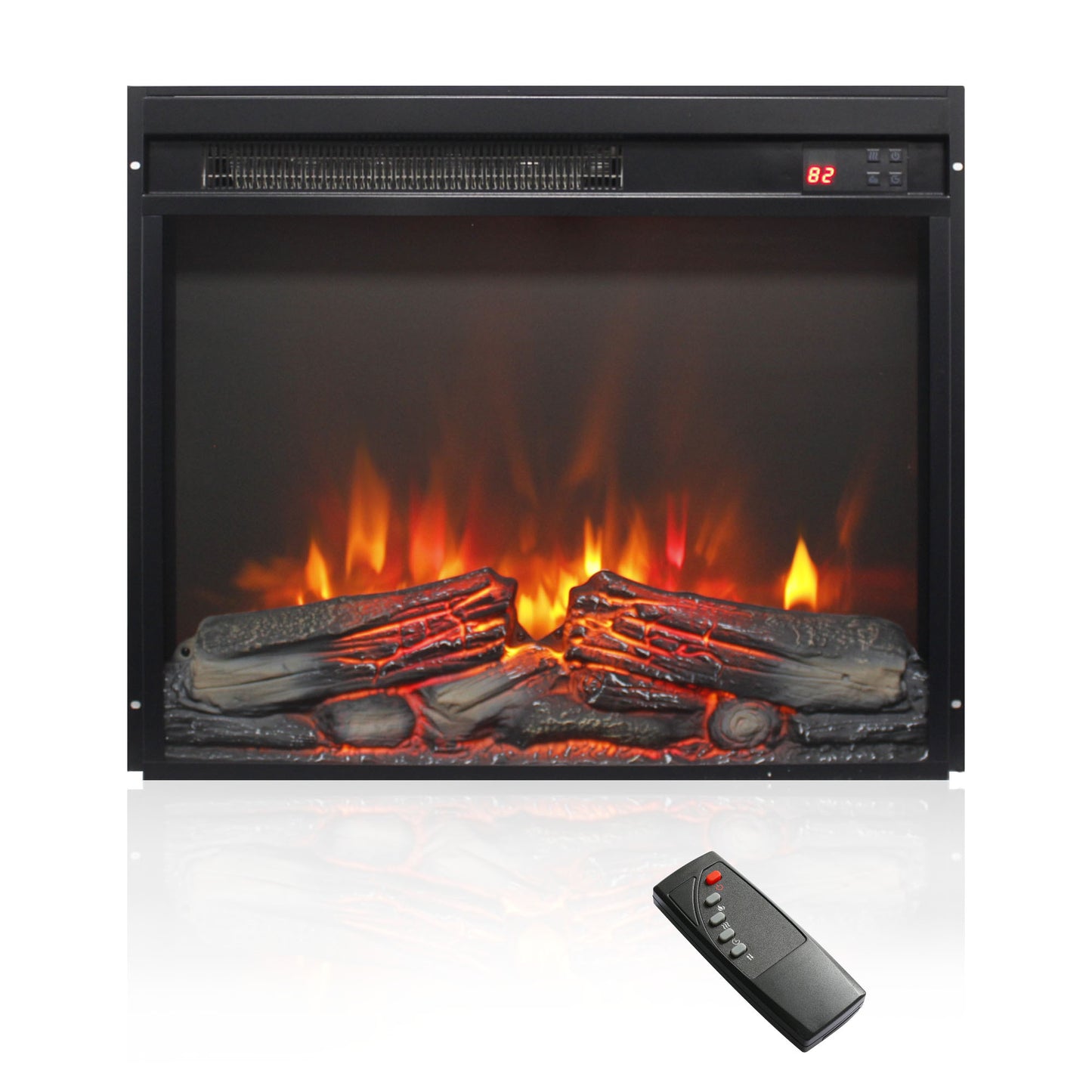 23 inch electric fireplace insert, ultra thin heater with log set & realistic flame, remote control with timer, overheating protection