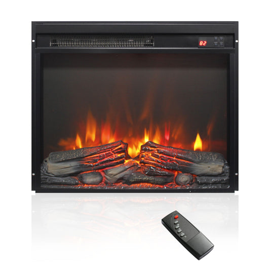 23 inch electric fireplace insert, ultra thin heater with log set & realistic flame, remote control with timer, overheating protection