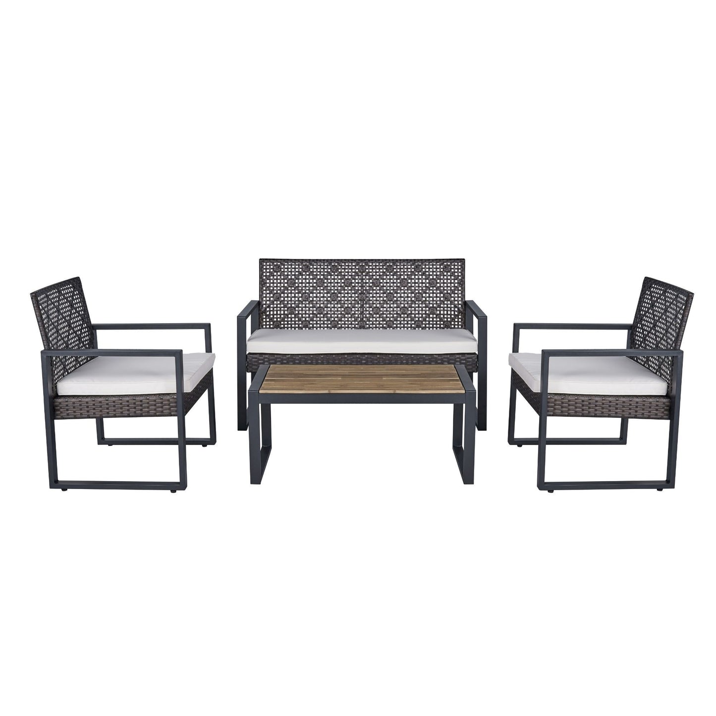 Lucvara Modern 4-Piece Patio Furniture Set with Acacia Wood Tabletop and Beige Cushions, Brown Outdoor Conversation Set
