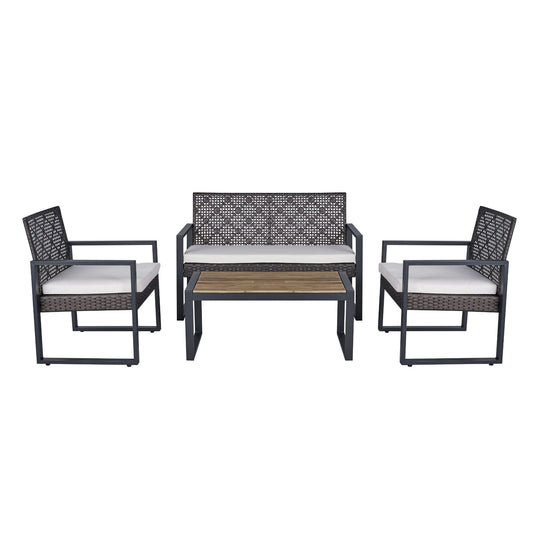 Lucvara Modern 4-Piece Patio Furniture Set with Acacia Wood Tabletop and Beige Cushions, Brown Outdoor Conversation Set