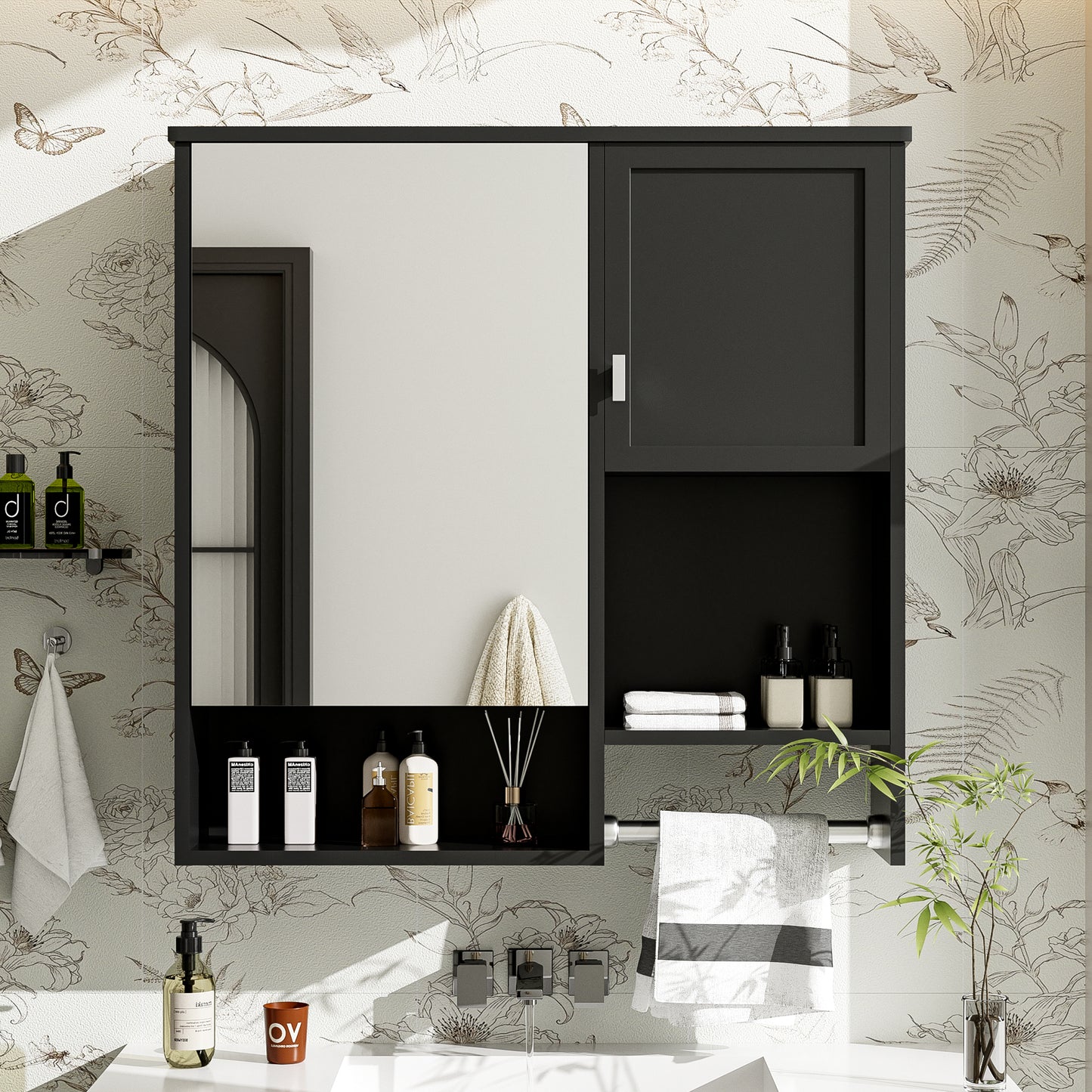 Lucvara 29x28'' Modern Wall-Mounted Bathroom Medicine Cabinet – Storage Cabinet with Mirror, Over-Toilet Space Saver, Towel Bar