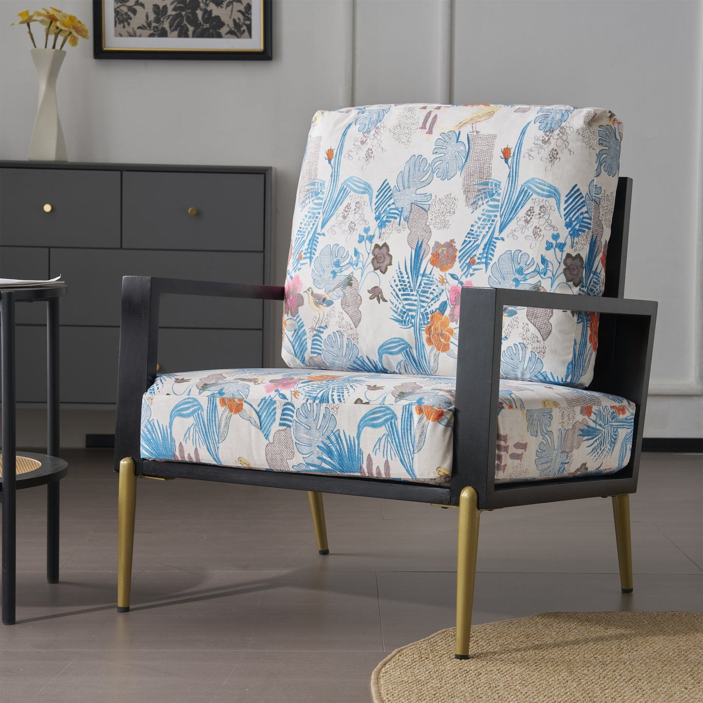 Lucvara Retro Floral Velvet Accent Armchair – Blue Low-Back Mid-Century Lounge Chair with Wide Armrests, Pillow Backrest, Gold Metal Legs & Rubberwood Frame for Living Room or Balcony