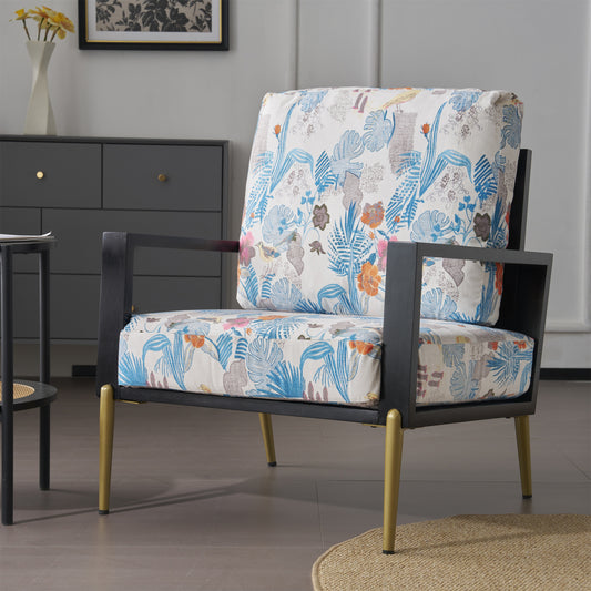 Lucvara Retro Floral Velvet Accent Armchair – Blue Low-Back Mid-Century Lounge Chair with Wide Armrests, Pillow Backrest, Gold Metal Legs & Rubberwood Frame for Living Room or Balcony