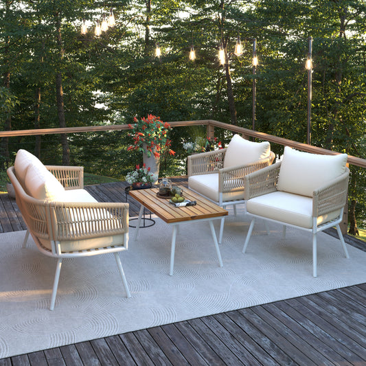 Lucvara 4-Piece Boho Rope Patio Furniture Set with Acacia Wood Table, Outdoor Conversation Set with Deep Seating & Thick Beige Cushions for Backyard, Porch & Balcony