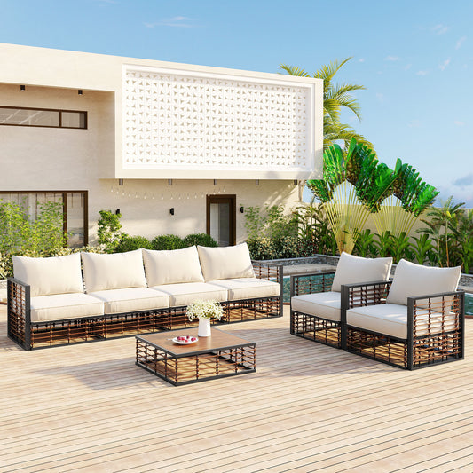 Lucvara 6-Piece Outdoor Rope Patio Furniture Set, L-Shaped Sectional Sofa with Acacia Wood Table & Built-In Ice Box, Deep Seating Rope Benches with Thick Cushions, Grey