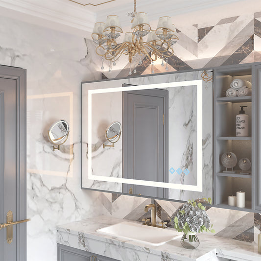 Lucvara 32x24'' LED Bathroom Vanity Mirror – Glossy Brushed Silver, Anti-Fog, Dimmable Lights, Wall-Mounted for Modern Makeup, Horizontal & Vertical