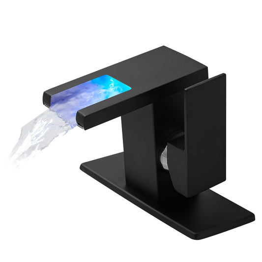 Lucvara LED Bathroom Sink Faucet, 3-Color Changing Waterfall Glass Spout, Single Handle One Hole Deck Mount Basin Mixer Tap, Hot & Cold Vanity Faucet, Black