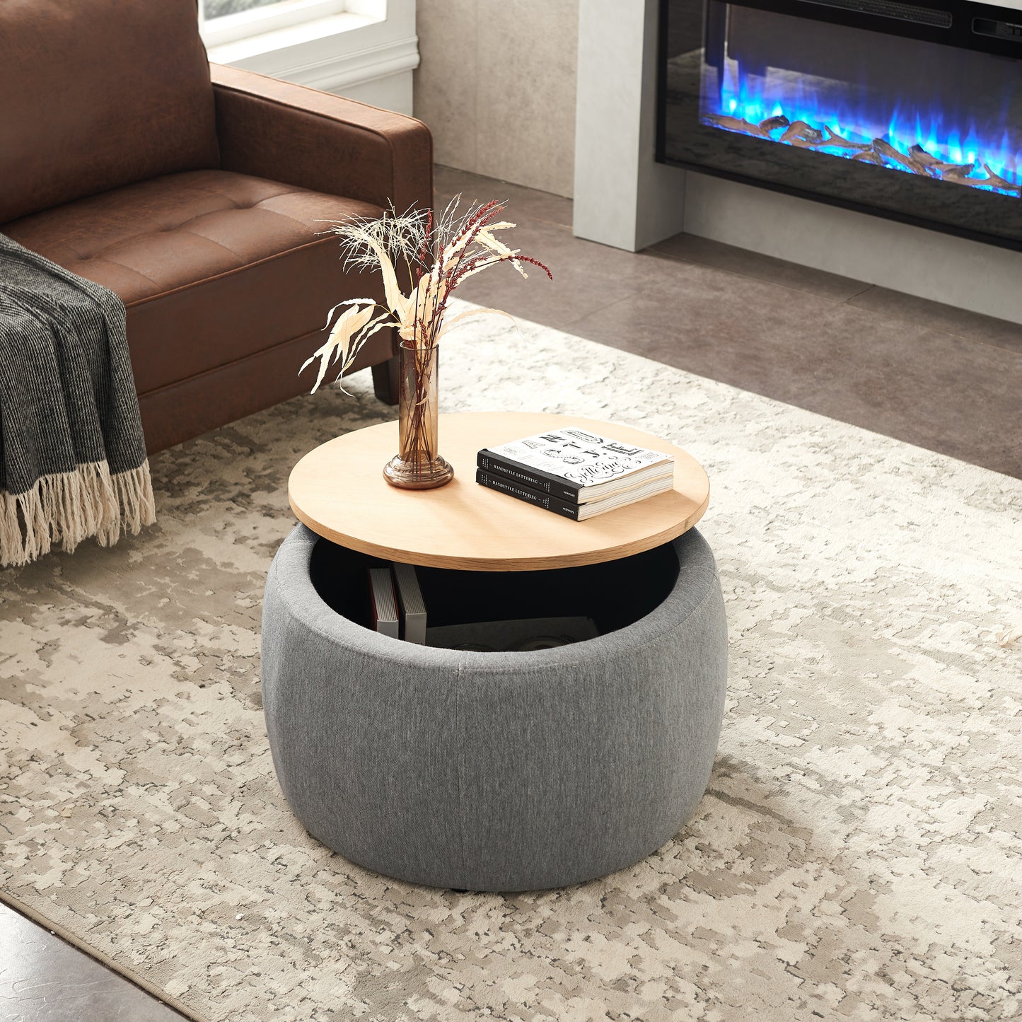 Lucvara Round Storage Ottoman, 2-in-1 Ottoman and End Table with Hidden Storage, Dark Grey (25.5" x 25.5" x 14.5")