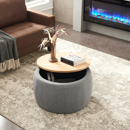 Lucvara Round Storage Ottoman, 2-in-1 Ottoman and End Table with Hidden Storage, Dark Grey (25.5" x 25.5" x 14.5")