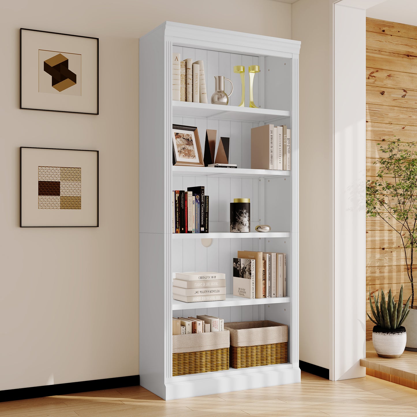 Lucvara 83.4" Tall 5-Tier Wood Bookcase, Adjustable Storage Shelves, Freestanding Organizer for Books, CDs, Movies, Home Decor for Living Room or Office, White