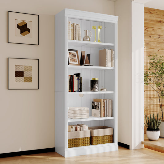 Lucvara 83.4" Tall 5-Tier Wood Bookcase, Adjustable Storage Shelves, Freestanding Organizer for Books, CDs, Movies, Home Decor for Living Room or Office, White