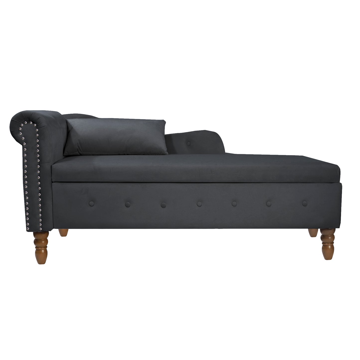 Lucvara Black Velvet Chaise Lounge, Indoor Upholstered Rolled-Arm Chair with Storage and Pillow, Nailhead Trim, Modern Lounge for Living Room, Bedroom, or Office