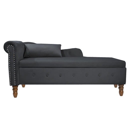 Lucvara Black Velvet Chaise Lounge, Indoor Upholstered Rolled-Arm Chair with Storage and Pillow, Nailhead Trim, Modern Lounge for Living Room, Bedroom, or Office