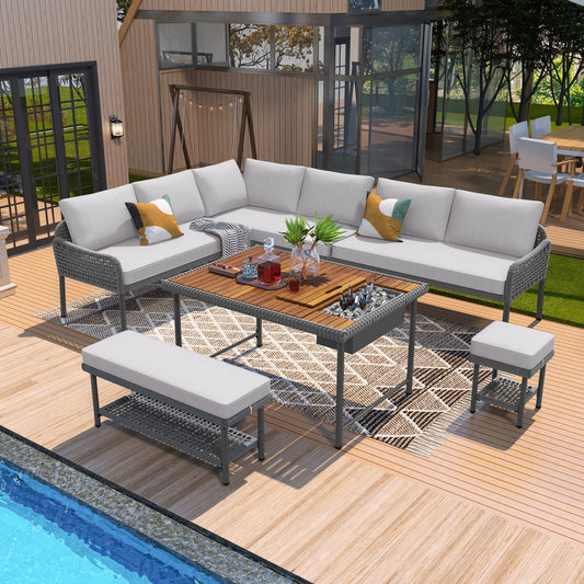 Lucvara 6-Piece Rope Patio Furniture Set, Outdoor L-Shaped Sectional Sofa with Acacia Wood Table & Built-In Ice Box, Rope Benches, Deep Seating Conversation Set with Thick Cushions, Grey