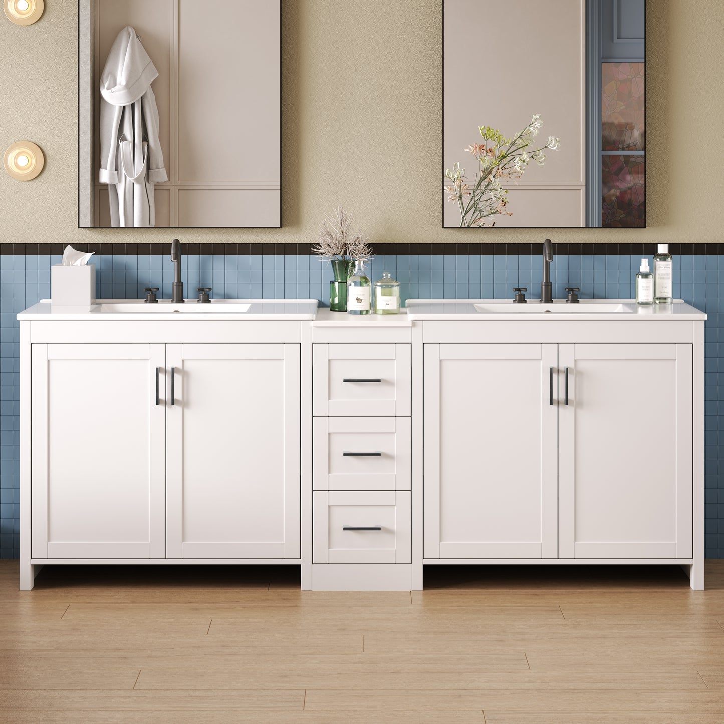 Lucvara 84" Double-Sink Bathroom Vanity – 2 Ceramic Sinks with Quartz Countertop, Adjustable Shelves, 3 Drawers, Large Storage, Silver Handles, Soft Close Hinges, White