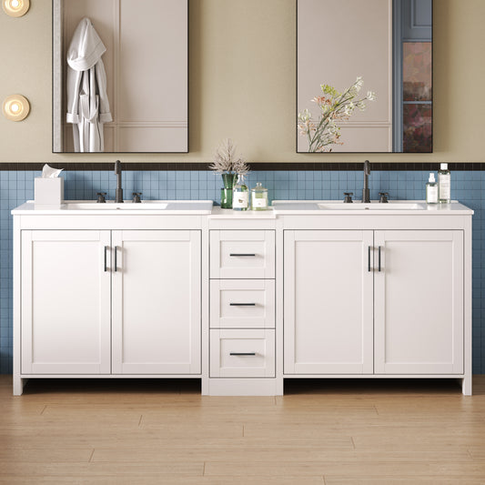 Lucvara 84" Double-Sink Bathroom Vanity – 2 Ceramic Sinks with Quartz Countertop, Adjustable Shelves, 3 Drawers, Large Storage, Silver Handles, Soft Close Hinges, White