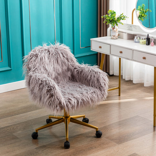 Lucvara Modern Faux Fur Home Office Chair, Fluffy Vanity Makeup Chair for Girls with Gold Plated Base