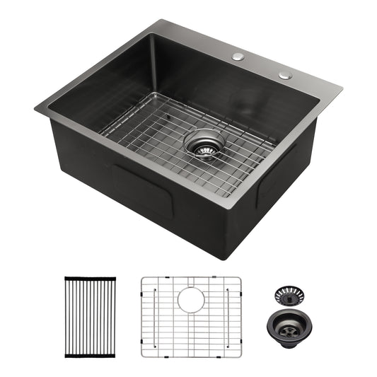 Lucvara 25"x22" Gunmetal Black Drop-in Topmount Kitchen Sink, 16-Gauge Deep Single Bowl Stainless Steel Basin
