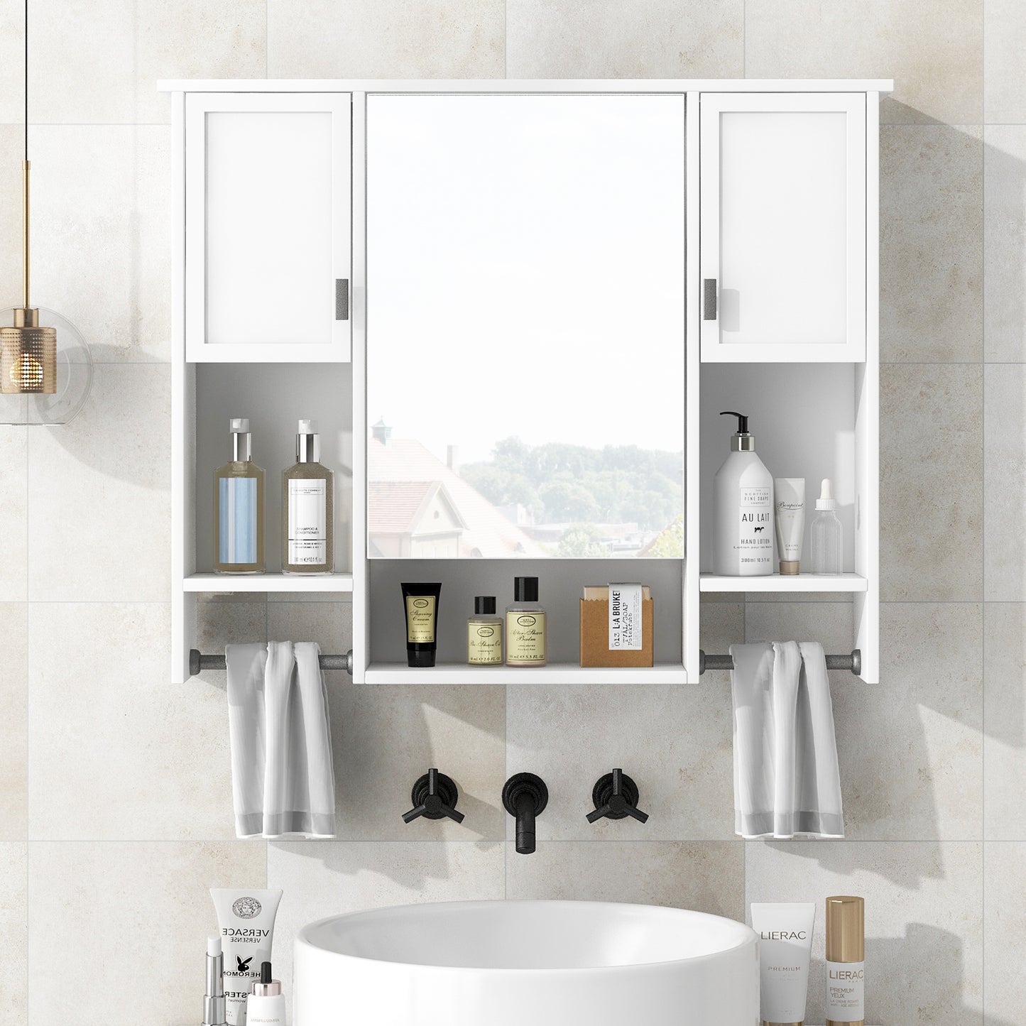 Lucvara 35x28'' Modern Wall-Mounted Bathroom Storage Cabinet – Mirror Medicine Cabinet with Towel Bar