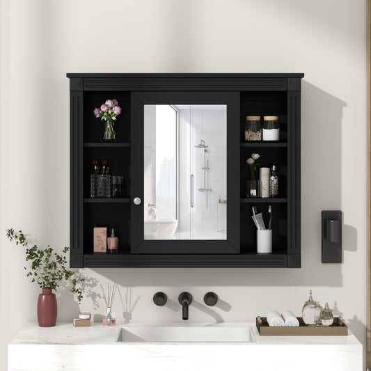 Lucvara 35x28'' Wall Mounted Bathroom Storage Cabinet – Modern Medicine Cabinet with Mirror and 6 Open Shelves, Bathroom Wall Cabinet (Vanity Not Included)