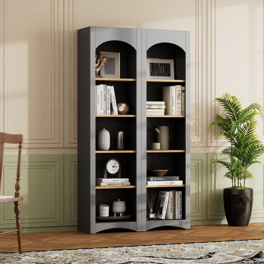 Lucvara Freestanding Bookcases, Set of 2 – 5-Tier Farmhouse Two-Tone Storage Cabinets with Adjustable Shelves, 72″ Modern Pantry Cabinet for Living Room, Office, Grey