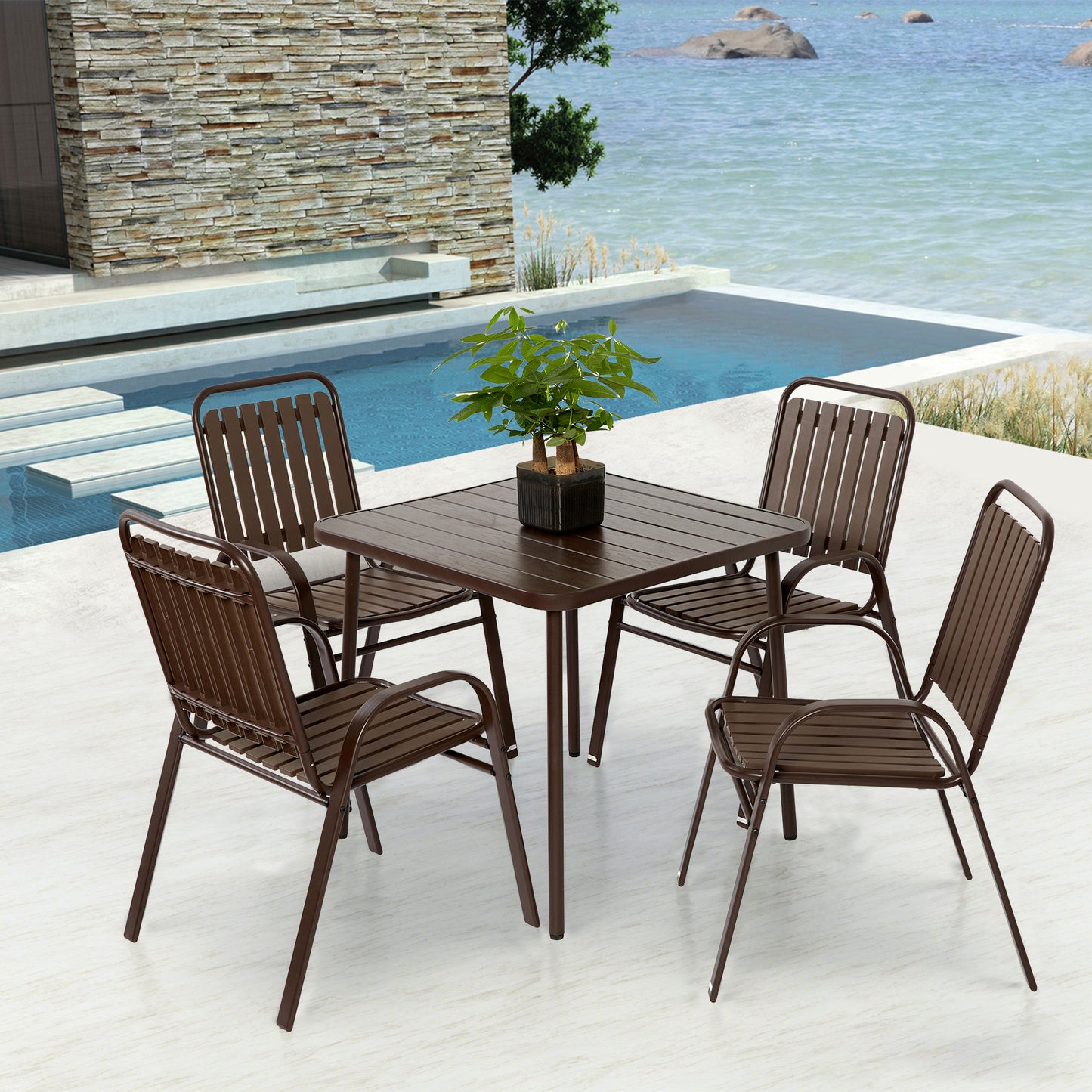 Lucvara 5-Piece Patio Dining Set – Outdoor Furniture with 4 Brown Plastic Chairs & Steel Table for Garden or Deck