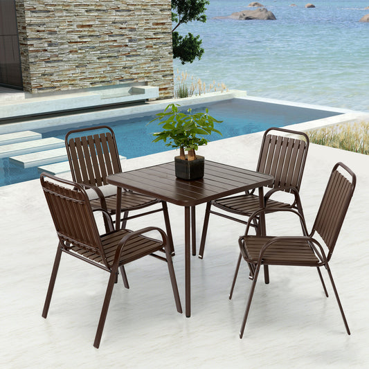 Lucvara 5-Piece Patio Dining Set – Outdoor Furniture with 4 Brown Plastic Chairs & Steel Table for Garden or Deck