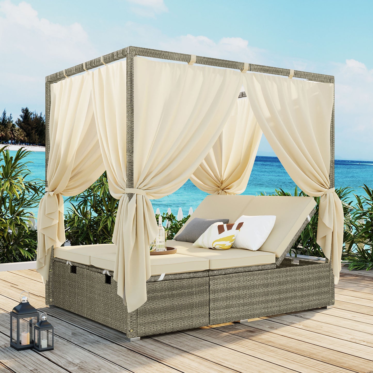 Lucvara Adjustable Patio Sun Bed – Outdoor Lounger with Curtain, High Comfort Design