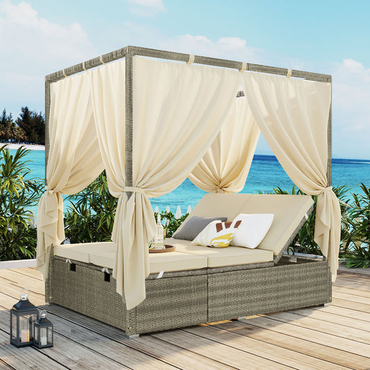 Lucvara Adjustable Patio Sun Bed – Outdoor Lounger with Curtain, High Comfort Design
