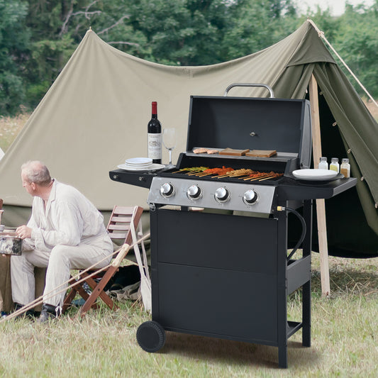 Lucvara Propane Gas Grill, 4-Burner Stainless Steel Barbecue Grill – 34,000 BTU Outdoor Patio BBQ with Side Shelves, Wheels & Bottle Opener