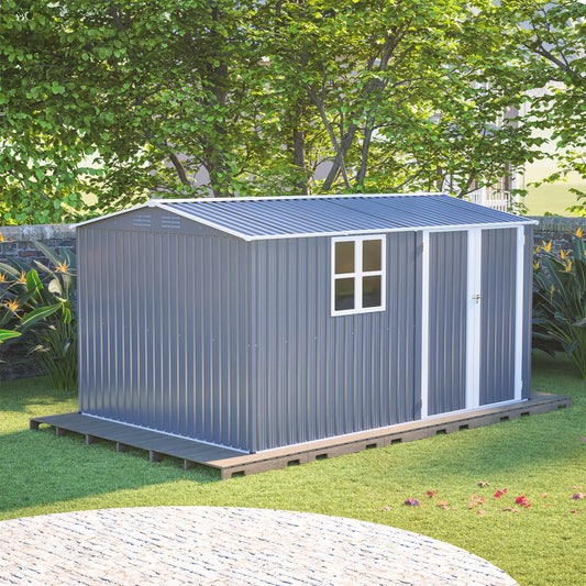 Lucvara 8×12 ft Heavy-Duty Steel Storage Shed – XL Outdoor Building with Window, Hinged Gray Doors & 4 Air Vents for Backyard, Garden & Patio