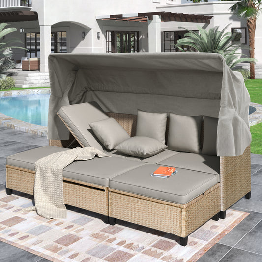 Lucvara 4-Piece Outdoor Patio Sofa Set – UV-Proof Resin Wicker with Retractable Canopy, Cushions & Adjustable Lifting Table, Brown