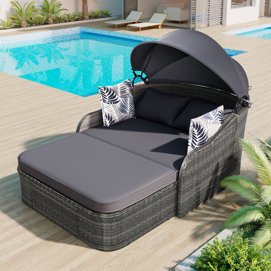 Lucvara 79.9-Inch Outdoor Sunbed with Adjustable Canopy, Double Lounge PE Rattan Daybed, Gray Wicker with Cushions