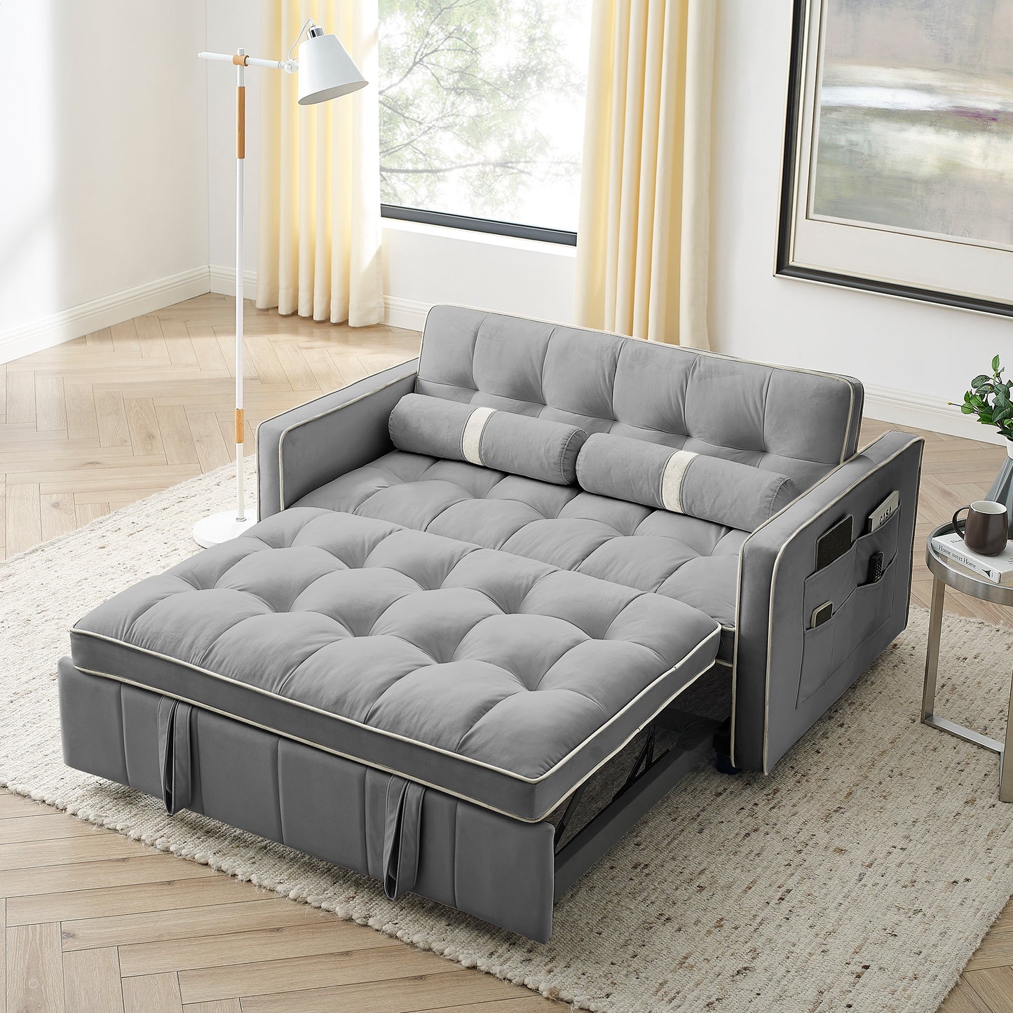 Lucvara 55.5" Modern 2-Seater Pull-Out Sofa Bed, Loveseat with Side Pockets, Adjustable Backrest & Lumbar Pillows, Space-Saving Couch for Apartment, Office, or Living Room